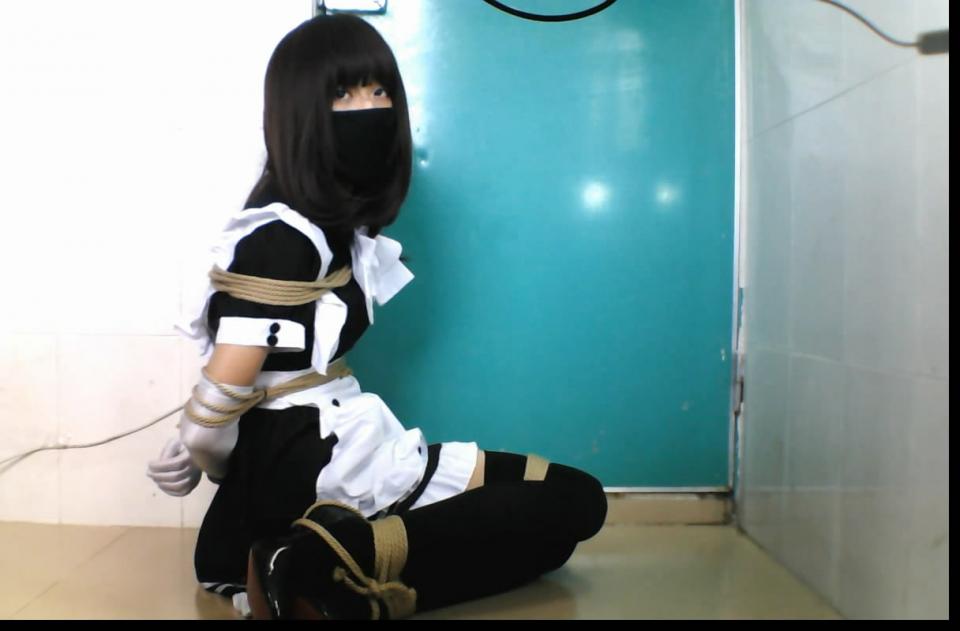 A boy Self bondage in maid uniform featuring: bot, self bondage , maid uniform