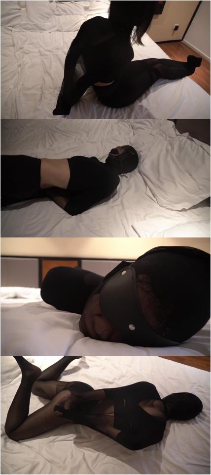 wrapped by black panty hose, mummy, baggings gag and mask featuring: wrapped by black panty hose, mummy, baggings gag and mask