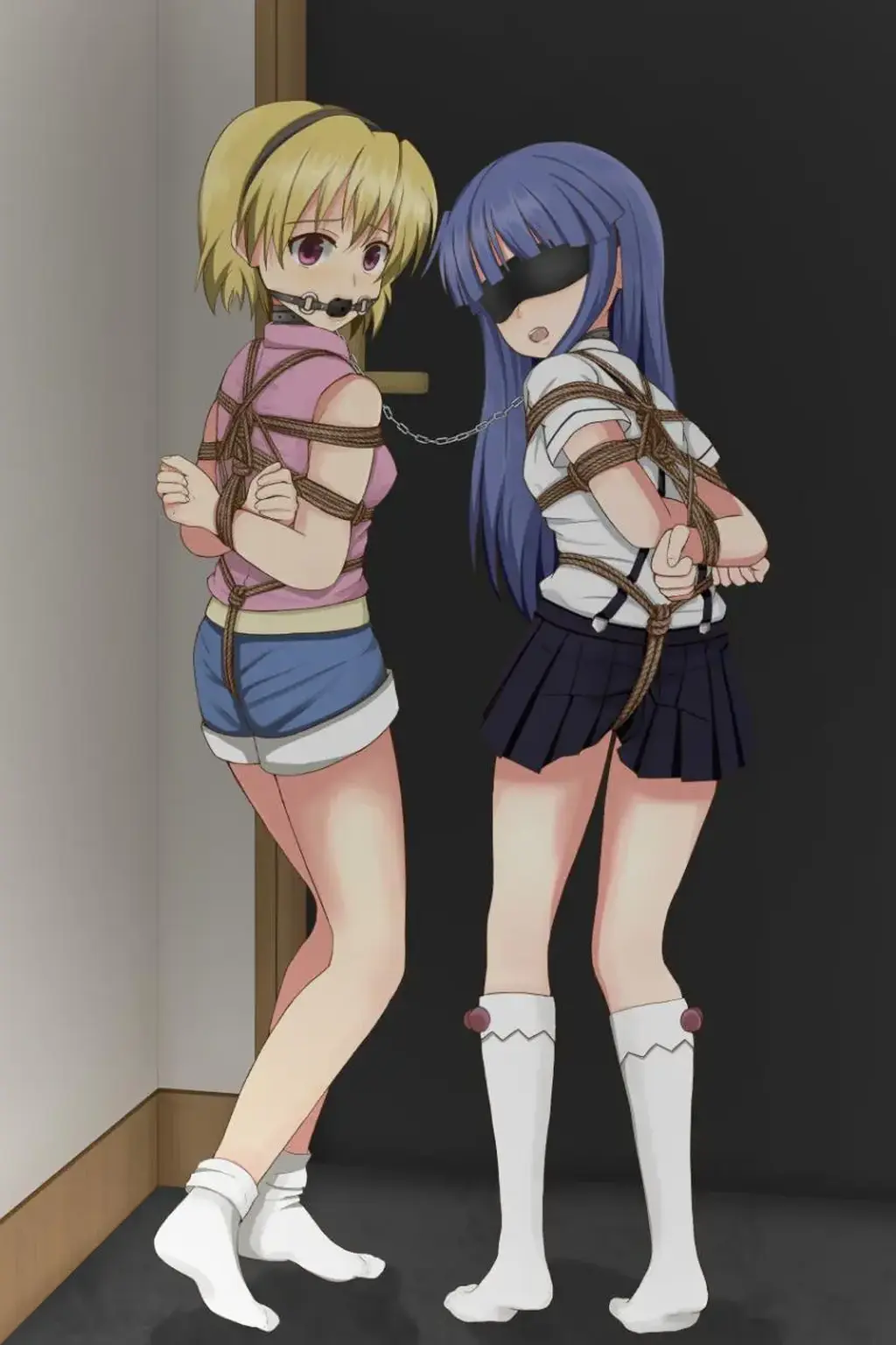  [Gag,Breast bondage,Japanese Anime,Dog chain,Blindfolded,Crotch rope tie,Chained up,Bound arms behind,Socks]