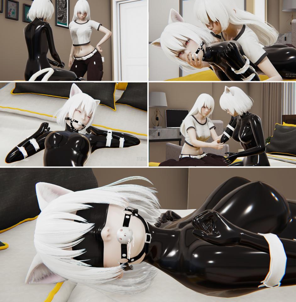 【胧月工坊】Cat latex restraint 1 - 妹妹尝试网购了一身乳胶猫咪套装，却被姐姐发现，只能拉姐姐下水（合计200多p ，一半是有台词的，另一半是原图，不喜欢台词的人可以通过原图来自己想象，图太多缺少一部分原图，需要的可以找我要） [堵嘴,情趣（乳胶衣）,3D画,狗链/项圈,眼罩/蒙眼,情趣（拘束衣）,百合女同, 剧情向]