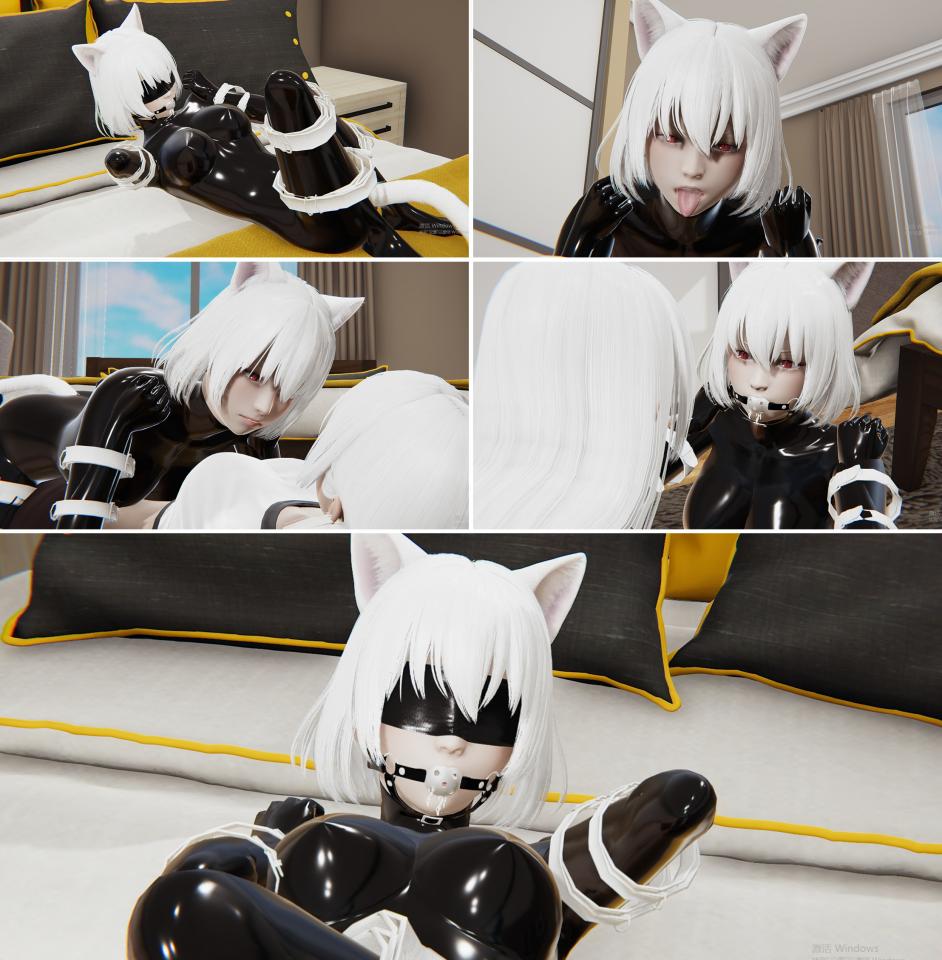 【胧月工坊】Cat latex restraint 2 - 妹妹终于等到了姐姐，本打算报复姐姐，却被姐姐收买（一半是有台词的，另一半是原图，不喜欢台词的人可以通过原图来自己想象） [猫耳,堵嘴,3D画,眼罩/蒙眼,皮带, 剧情向]