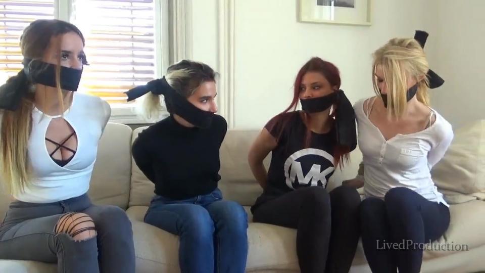 QUALITY TIME ON THE SOFA <span style='color:#b0b0b0;'>[隐藏文字，购买后可见]</span><br><br>This is Maria and Violet first time tied up and gagged. They are joined by Jessie and Christina on the sofa, trying to get out of the ropes. Hands are firmly tied on the back, feet tied in front and a lovely black scarf are covering their lips.