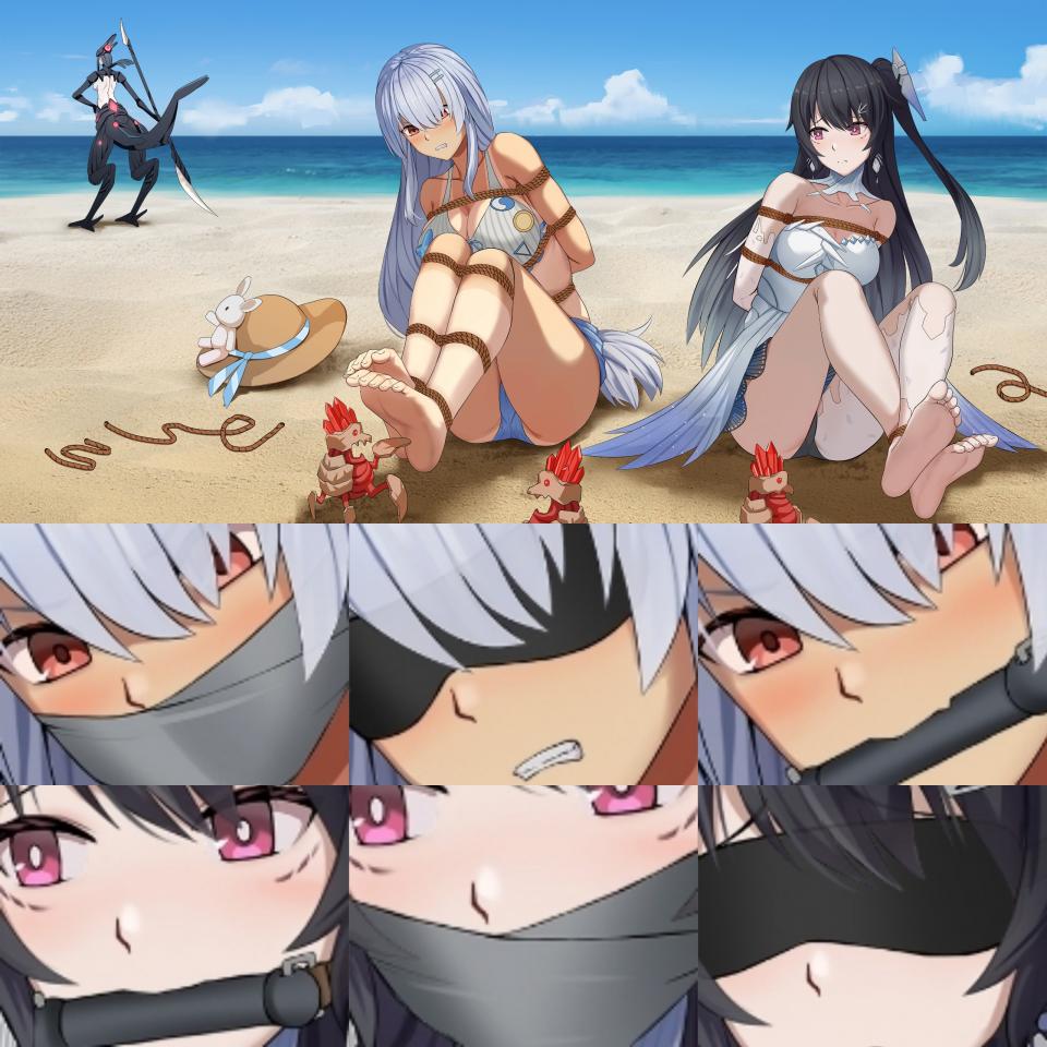 战双帕弥什双人捆绑——约稿（含差分 - tk 胶带 口枷 眼罩 泳装 海滩 画师：海妹玛菲 链接：https://www.pixiv.net/users/476490 角色：（左）露西亚•深红之渊———蔚蓝之海系列 热夏白贝  （右）露西亚•鸦羽———阔海秘闻系列 鳞波沐舞|蔚蓝大海，金色沙滩，本是该感受美丽海边假日的鸦羽跟阿尔法因为互相之间的争斗而被拉弥亚趁虚而入，看着眼前三只略显蠢萌的蛸逐渐逼近，虽然这种普通级怪物并不能对构造体造成任何实质性的伤害，但是意识海里的感觉，让二人不免显得有些慌张，曾经被斩杀过无数次的小怪物此时居然会令自己如此难堪，而制服二人的拉弥亚并不着急于处理二人，她看向海的远方，凝望着家的方向 [堵嘴,胸缚,眼罩/蒙眼,股绳,赤脚裸足,露西亚]