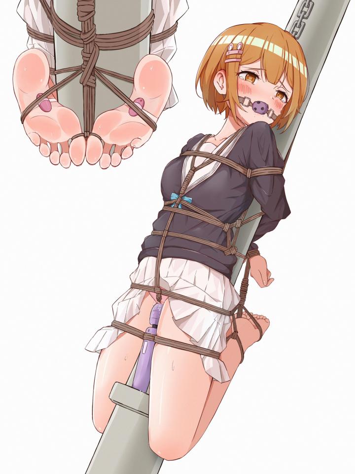 [Gag,Japanese Anime,wood pole bondage,Pocket Vibrator,Bare Foot,Vibrator,Ball gagged]