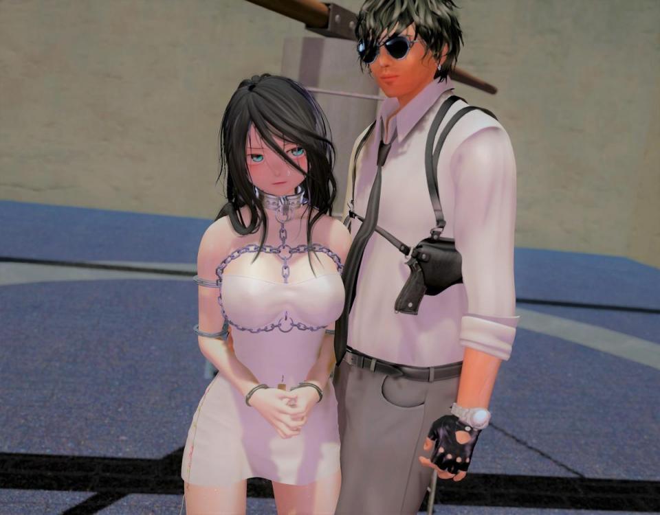 連行途中... - 白いドレスが素敵なモデルさんとツーショットを撮らせてもらいました。 [团缚/海老缚,手铐,木桩,3D画]