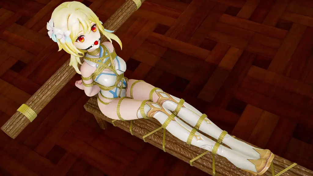【原神3D拘束】 - 女主角荧-老虎凳-龟甲缚 [Boxtie,Tortoise shell tie,3D CG,Crotch rope tie,Chinese Anime,Games,Bound arms behind,Ball gagged,Lumine]