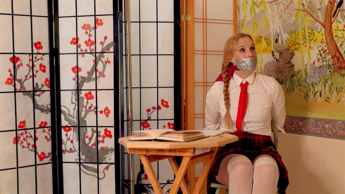 Ariel Anderssen - Schoolgirl Spanked and Tied Urgh, this university is awful! It's so strict! Not only do I have to wear this ridiculous uniform, OMG, but now I'm NOT ALLOWED TO WRITE LEFT HANDED EITHER??? The headmaster has called me to see him, and immediately gives me a 10 stroke spanking with his awful leather ruler to punish me for having spent the entire terms secretly writing with my left hand. I think that's the end of the punishment but he makes me sit down at a desk (it hurts my bruised butt!) and practice writing with my right hand. When I refuse, he ties my left hand behind my back, and then tries to make me copy out some notes with the 'correct hand'. I get VERY FRUSTRATED with him and he gags me too, with a cleave gag (which he eventually covers over with duck tape as well!!!). He tries to continue the lesson and when I try to kick him he ties my feet to the chair. Eventually (after I throw a pen at him) he ties both my hands behind me to the chair, and leaves me to struggle. He's the meanest headmaster EVER!<br><br>Read less<br>Category: ADULT SCHOOL<br>Related Categories: SCHOOL UNIFORM, SPANKING M/F, BONDAGE, SHIRT & TIE, BDSM.<br>Keywords: otk socks, white panties, white socks, hywel phillips, university, student, braids, short skirt, tie, shirt and tie. <br><br>Саtеgоriеs:  bondage, shibari, rope bondage, shibaru, suspension, belts, bedtie, hogtied, tight bondage, strict bondage, bound elbows, struggling, ballgagged, helpless.<br>Саtеgоriеs：束缚，绳索束缚，悬挂，腰带，闺蜜，紧束缚，严格束缚，束缚肘部，挣扎，无助。