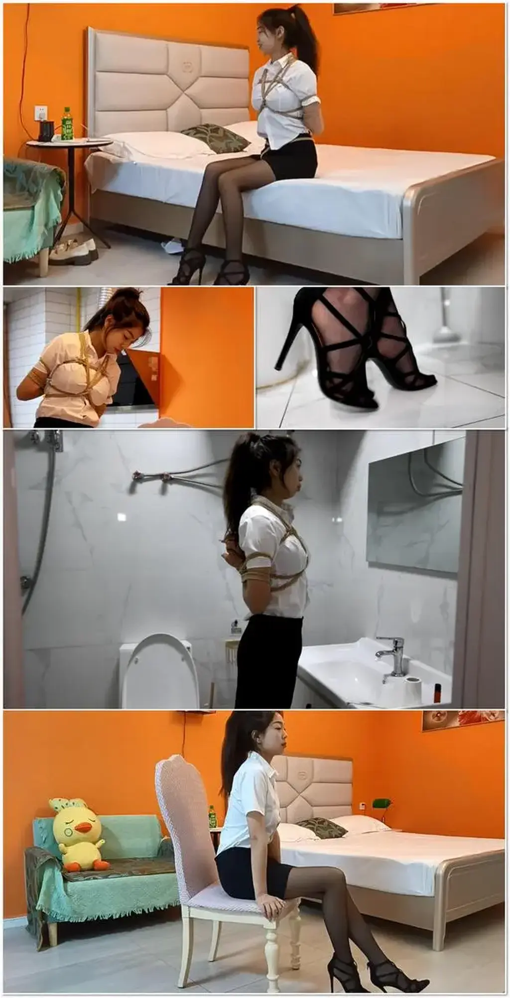 晴子，娇俏嫩OL的酒店之约第一季，黑丝、超高、后观音，绑了一只清清爽爽的小可爱 Haruko appears as a charming young office lady in a hotel-date scenario featuring black stockings, very high heels, rear-view angles, and a fresh-faced cutie bound as part of the scene.