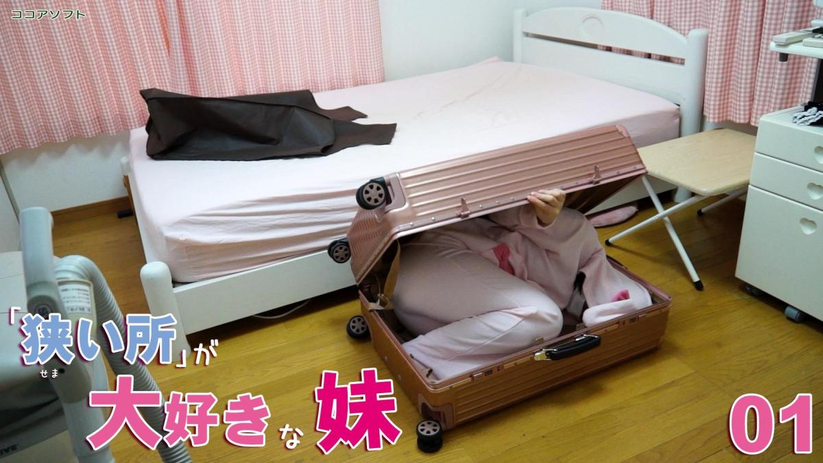 「狭い所」が大好きな妹 01 &amp; 「狭い所」が大好きな妹 02 此视频为“「狭い所」が大好きな妹”系列的第一部与第二部的合并视频。<br>两部的详细信息如下：<br>cocoasoft在talaat上发售的“「狭い所」が大好きな妹”系列第一部，这部剧情是把穿睡衣的妹妹装进行李箱<br>レーベル: COCOA SOFT<br>商品番号 <span style='color:#b0b0b0;'>[隐藏文字，购买后可见]</span> <br>映像サイズ: 1920×1080<br>データサイズ: 373MB<br>収録時間: 5分8秒<br>ポイント: 60<br>在庫: 在庫あり<br>¥660円<br>価格(税抜): ¥600円<br>使用可能ポイント: 600<br>説明<br>レビュー (0)<br>「狭い所」に入り込むのが好きな「妹」。<br><br>とある日、妹の部屋に行くと、出しっ放しのスーツケースが・・・<br>兄が気を利かせて片付けたのだが、中には妹が入っていて・・・<br>妹が入っているのに気がつかず、兄はスーツケースの鍵をかけ、部屋の隅に「妹入りスーツケース」を片付けてしまう・・・<br><br>妹がいつまでも帰宅しない。<br>ふと・・・　兄は気付く、もしかして、あのスーツケース・・・<br>---------------------------------------------------------------------------------<br>cocoasoft在talaat上发售的“「狭い所」が大好きな妹”系列第二部，这部剧情也是把妹妹装进行李箱<br>レーベル: COCOA SOFT<br>商品番号 <span style='color:#b0b0b0;'>[隐藏文字，购买后可见]</span><br>映像サイズ: 1920×1080<br>データサイズ: 244MB<br>収録時間: 3分23秒<br>ポイント: 60<br>在庫: 在庫あり<br>¥660円<br>価格(税抜): ¥600円<br>使用可能ポイント: 600<br>説明<br>「狭い所」に入り込むのが好きな「妹」の、その後・・・<br><br>以前、スーツケースに入っていた時に、そのまま兄に片付けられてしまい、狭い所に閉じ込められ、危機的状況なのに興奮してしまった妹の、その後の様なお話・・・<br><br>今回も、妹の部屋に行くとスーツケースが・・・<br><br>「妹は、狭いところに入るのが好きなのかもしれない・・・」<br>「じゃあ・・・好きなだけ閉じ込めて放置してしまおう・・・」<br><br>前回の様に、スーツケースに鍵を閉め、部屋の片隅に片付けてしまう兄。<br><br>・・・・・<br>・・・・<br>・・・<br><br>妹が入っているスーツケースを片付けて、１時間ほど経過したが、特に暴れたり変化は無い・・・<br><br>ふと気づいたが「１時間も閉じ込めて、呼吸穴もないのに大丈夫なのか・・・」<br>そう考えると、心配になってきた・・・<br>さすがに、心配になり、スーツケースの蓋を開けると、「ムワッ」とした、女の香りと、呼吸が荒くなっている妹の姿・・・