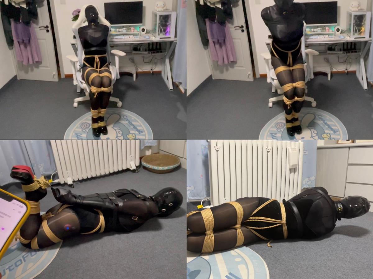 主人的调教之单手套全身紧缚罚站调戏+远程小程序驷马玩弄 带上乳胶头套，蒙上双眼，堵上口塞，再将小伪娘全身上下紧紧的束缚。当然不能少了全身各处安排上的各种小玩具，最后才穿上10cm的高跟鞋。主人要求小伪娘必须坚持站着持续5分钟，期间还要抵抗来自全身小玩具的各种骚扰。主人说如果失败将面临的是更严酷的驷马折磨以及更可怕的惩罚……。可是小伪娘穿着这么高的鞋跟连站着保持平稳都费劲，好几次差点摔倒，一旦坐下便前功尽弃，主人甚至还要加大力度让小伪娘再站起来都十分困难。甚至被强制GC。看来主人是铁了心不想让小伪娘挑战成功。