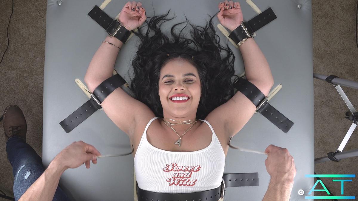 Gabrielle's Ticklish Armpits (4K) Gabrielle's arms are strapped over head for us to see how ticklish her armpits are. Light feather strokes across her armpits drive her hysterical, so we keep using them for a good amount in this scene before transitioning to finger tickling with lotion being incorporated later in the scene. Each tickling method driving her hysterical with laughter.