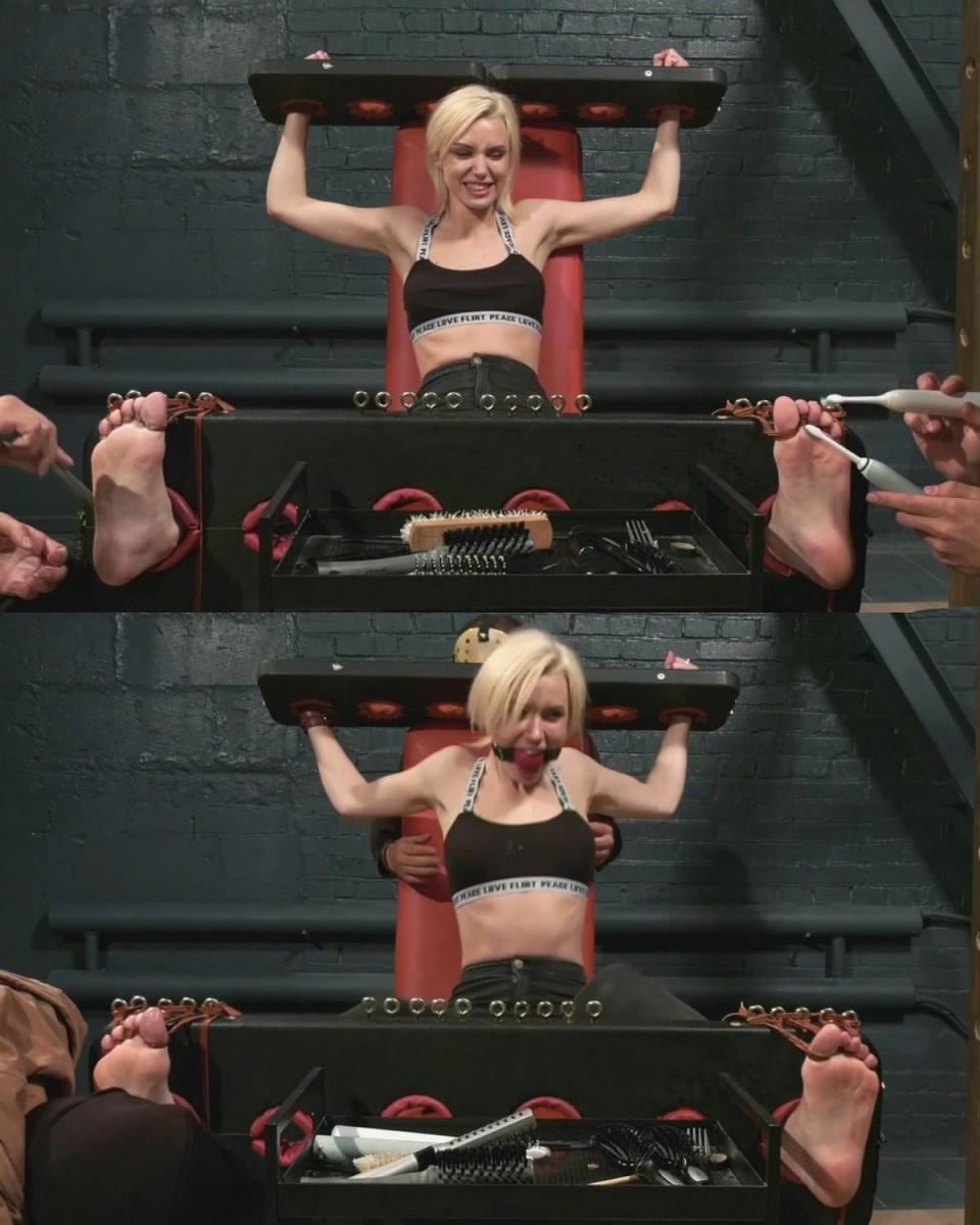Astrid in stocks - Intensive double foot tickling + Upperbody (FULL HD MP4) 作者：约翰 在这段令人发痒的热门视频中，可爱的阿斯特丽德被锁定在股票中，坐在 X 位置。 我和我的搭档主动地挠她光着的脚。阿斯特丽德尖叫着，蠕动着，这就是她在这种情况下所能做的，因为她的手和腿都被紧紧地束缚着，更糟糕的是，她所有的脚趾也被绑在了脚上。 股票的框架。 于是，两个挠痒痒的人用各种装置顽固地挠着阿斯特丽德裸露的脚底，其中一个挠痒痒的也舔了它们，并用牙齿咬住了它们。然后阿斯特丽德用牙齿咬住了大球塞，一个挠痒痒的去挠上半身，而另一个挠痒痒的则去挠上半身。 一个人继续用梳子折磨阿斯特丽德的脚，更加坚持。享受By John In this hot tickling clip, cutie Astrid is locked in stocks in a seated X position. My partner and I actively tickle her bare feet.Astrid squeals and squirms, and thats pretty much all she can do in this situation, as her hands and legs are tightly restrained, and to make matters worse, all her toes are also tied to the frame of the stocks. And so, two ticklers stubbornly tickle Astrids bare soles with various devices, and one of the tickers also licks them and bites them with his teeth.Then Astrid gets the big ballgag between her teeth and one tickler goes to tickle the upper body while the second one continues to torment Astrids feet with combs with even more persistence.Enjoy