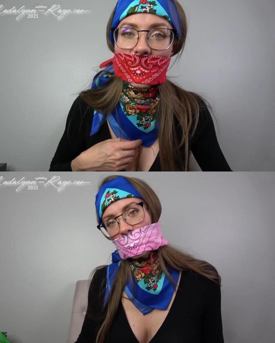 Silk Scarves And Bandana Gag Demo 我将丝绸头巾绑在头上和脖子上，然后用一系列头巾为你开始一场小搞笑表演。 红色、紫色、绿色和粉色。 劈开的塞子、打结的劈开的塞子、套在嘴上……我为每个人玩弄不同的领带，并表现出一系列的情感。 轻浮、愤怒和害怕。 我知道你有多喜欢我的小节目，听我在这些笑话下低声说的话！I tie silk bandanas on my head and neck and begin a little gag show for you with an array of bandanas. Red, purple, green and pink. Cleave gage, knotted cleave gag, over the mouth… I play around with those different ties for each one and display a range of emotions. Flirty, angry and scared. I know how much you enjoy my little shows, listening to my muffled words under these gags!