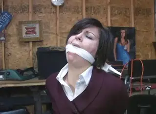 2308ALISON-Real Estate Lady bound gagged and stashed out of the way Real Estate lady Alison believes she has a potential home buyer for a house she is selling. But when she brings him over to show him the place, she finds out he has other intentions. After showing him the house, he asks to see the garage. But once inside, he grabs Alison and ties her up. After he gets her gagged(On screen), he lets her know that he is really here to rob the place. He leavesAlison to struggle bound and gagged in garage while he goes off to load all the furnishing and valuables onto a truck. Later the man returns to find Alison now on the floor. He is ready to make is escape. Bt first, he wants to make sure Alison is comfortable. He then pulls off her skirt and opens her blouse. Hours later, someone from her office will come looking for her and find her still bound and gagged in just her girdle with her boobs out.<br><br>
