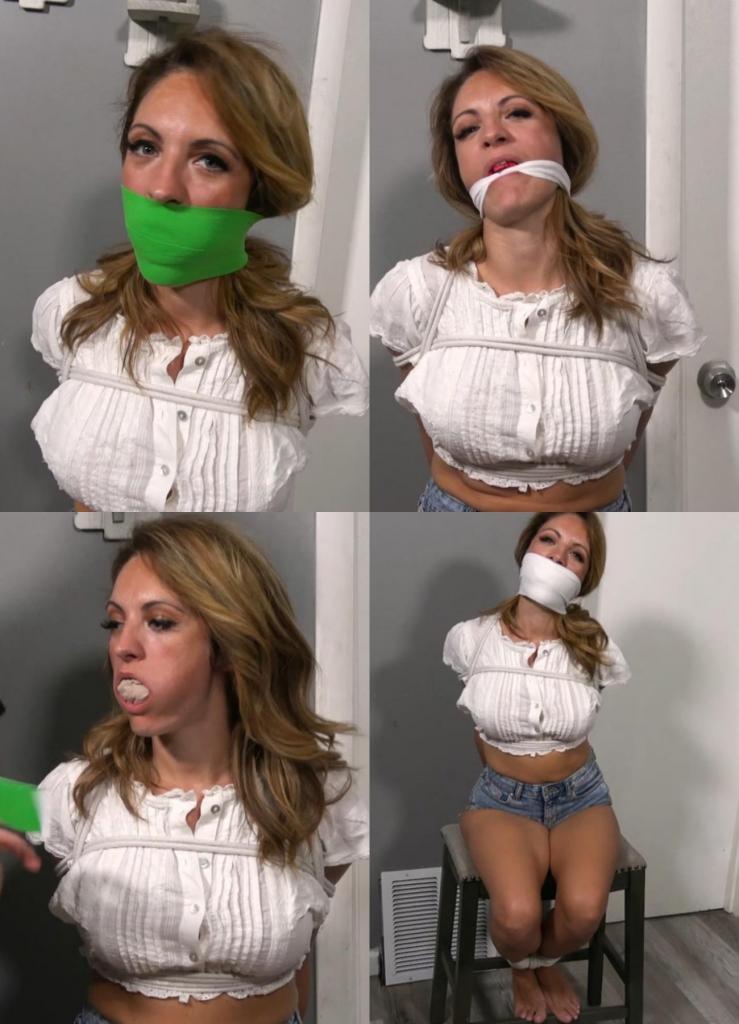 Alba Zevon - Alba's Favorite Gags FetCon 之后，我有幸再次与 Alba 合作，并决定拍摄一段剪辑，回顾她最喜欢的一些笑话。 阿尔巴穿着短牛仔短裤和小白衬衫，手腕、胸部和脚踝都被绑住了。 我们决定从使用不同种类面料的经典白色 otm 堵嘴开始。 首先，我将一条蓝色头巾塞进她的嘴里，并在她的嘴唇上绑一块白色棉布。 在拍摄了她挣扎的几张照片后，我将包装换成海绵，并系在白色聚酯互锁 OTM 上。 对于我们的第三个白色otm，她的嘴里塞满了彩色条纹袜子，并用白色棉氨纶将其固定。最后，白色涤纶氨纶布将一双连裤袜固定在她的嘴里。<br><br>阿尔芭最喜欢的另一个我有时让她为难的地方是薄的劈裂，所以我们接下来讨论这个。 首先，我们没有填充任何东西，但她可以说得太清楚了，所以我们再尝试一下，在后面塞上一条红色丁字裤。 为了看看我能用薄的[X_X]塞进多少东西，我把一块又长又薄的白布塞进她的嘴里，然后把[X_X]绑回去，让脸颊看起来更凸出。 稍后，我交换了用于薄切割的布料，看看效果如何。<br><br>管道胶带是阿尔巴喜欢的另一个经典恶作剧。 她喜欢一条银色胶带的外观，所以我们从没有填充物的那条开始。 我不能否认它看起来不错。 接下来，我将一团布塞进她的嘴里，并再次用一条银色胶带抚平她紧闭的嘴唇。 不过，我们需要更多胶带。 我开始在她目前的口塞上添加另一条带子，但我真的很喜欢张开嘴的样子，所以我把口塞拿下来，把填充物留在她嘴里，当她张开嘴时，在她的嘴唇之间放一条新带子。 我又在她的嘴上贴了八条，然后我在她的鼻梁上贴了一条细条。 我更喜欢那个，但你更喜欢哪个？<br><br>如果我们不做胶带包裹，我会感觉很糟糕，所以在最后的恶作剧中，阿尔巴的嘴里塞满了一只填充的袜子，绿色的运动机能胶带缠在她的头上（这是我第二次做这个恶作剧）。 一些搞笑的谈话之后，是时候结束这个剪辑了。After FetCon, I had the good fortune of working with Alba again and decided to shoot a clip going over some of her favorite gags. Wearing short denim shorts and a small white shirt, Alba is already bound at the wrists, chest, and ankles. We decide to start with the classic white otm gag using different kinds of fabric. First, I stuff a blue bandana in her mouth and tie a white cotton cloth over her lips. After a few shots of her struggling, I switch the packing to a sponge and tie on a white poly interlock otm. For our third white otm, her mouth is stuffed with a colorful striped sock and white cotton spandex is used to hold it in. Finally, a white polyester spandex cloth keeps a pair of pantyhose in her mouth.<br><br>Another of Alba’s favorites that I sometimes give her a hard time about is a thin cleave, so we go to that next. First, we go with no stuffing but she can talk too clearly through that so we give it another try with a red thong stuffed behind it. Wanting to see how much I can stuff with the thin cleave, I work a really long and thin white cloth into her mouth and then tie the cleave back on for a more bulge-y cheek look. A bit later, I swap fabric used for the thin cleave to see how that looks.<br><br>Duct tape strips are another classic gag that Alba enjoys. She likes how a single strip of silver tape looks so we start with that with no stuffing. I can’t deny that it looks good. Next, I stuff a wad of cloth in her mouth and, once again, smooth a single strip of silver tape over her closed lips. We need more tape strips, though. I start to add another strip to her current gag but I really like the open mouth look so I take the gag off, keep the stuffing in her mouth, and place a new strip between her lips as she opens wide. Eight more strips go over her mouth and then I put a thin strip over the bridge of her nose. I like that better but what do you prefer?<br><br>I’d feel bad if we didn’t do a tape wrap so for the final gag, Alba’s mouth is packed with a filled stocking and green kinesiology tape is wrapped around her head (only the 2nd time I’ve done this gag). After some gag talk, it’s time to bring the clip to an end.