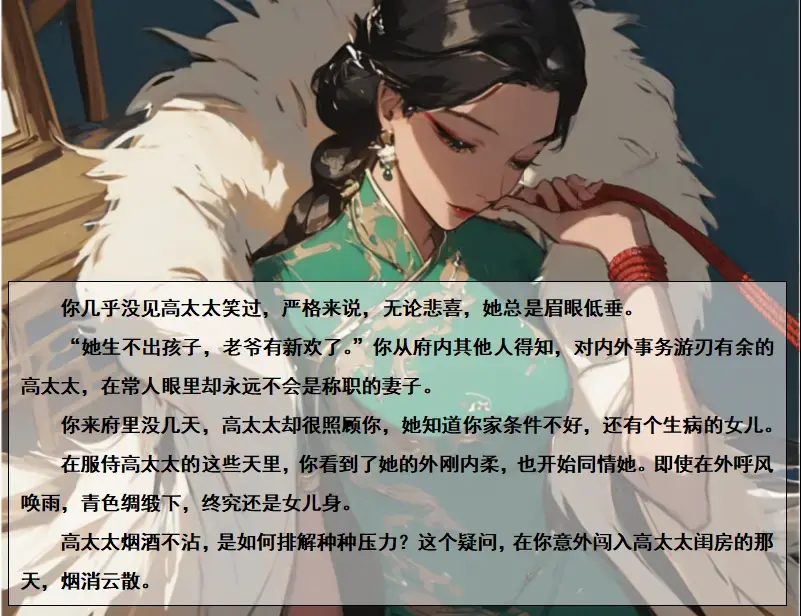 高太太（图文故事） - “小顺子，有事就回去一趟吧，给你放几天假。”不知从哪打听到你女儿的病愈发严重了，梳妆台前，高太太卸着妆，随手摸出几块大洋。刚刚解决了生意上的刺头，暂时不需要你忙前忙后。你双手接下，谢过出门。“杯水车薪，总比没有好。”你安慰自己，办法总会有的。
半道，一拍自己脑门，竟把船票落在高太太房间，只得反身回到府上。天色不早，夕阳洒在院内，静谧的氛围催人犯困。你来回奔走，加上挂念女儿，思绪纷乱，混混沌沌地竟直接推门而入。
直到现在，回忆起当时的情景也会让你面红耳热。房间内，你与高太太四目相对，两人都愣住了。你缓过劲正准备道歉时，高太太收回眼里的一丝慌乱，带着愠怒地说：“毛手毛脚的，进来关上门。”你连忙 [Chi-pao,story rich]