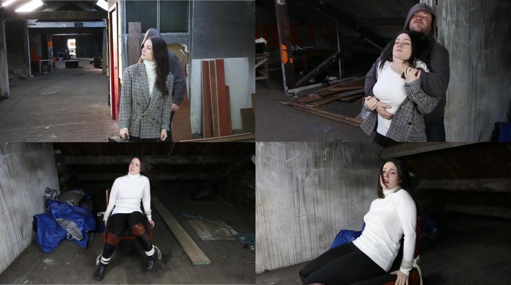 The Wrong Floor turtlenecktease<br><br>Harley stars as a business woman, dressed sexy in riding boots, black leggings, soft white turtleneck, and slouchy tweed jacket. She's heading to a meeting about some renovations to a run-down warehouse, but she gets out the lift on the wrong floor. Unknown to her, that floor is being used by criminals. As she exits the lift and calls out, a gang member hides around the corner. As she looks around, she is attacked from behind. The gang member put his hand over her mouth to keep her from calling out, but Harley isn't going down with out a fight and she struggles hard to break free - but it's all in vain. The criminal pulls her jacket open so we can see Harley's turtleneck more clearly. He puts his hands on her throat and squeezes for a few minutes. Harley gasps and struggles until she is out cold. When she wakes up, she slowly realises that she is bound tightly to a chair. She desperately tries to free herself but to no avail. As she gives up, she starts to sob ... all alone in the coming darkness.<br><br>Please note: Harley's breasts look awesome under the soft turtleneck and there's lots of footage of them bouncing and jiggling as she is roughed up and trying to free herself from the bondage<br><br>Fetish elements<br><br>Soft, natural fibre, white turtleneck<br>Business woman<br>Damsel in distress<br>Bondage<br>Takedown<br>Attack<br>Hands on throat