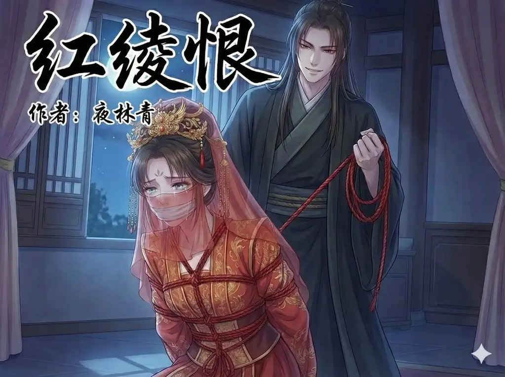 红绫恨：被绑婚的侠女 - --她，昔日仗剑天涯的红衣烈马，终是被折断羽翼，沦为帝王深宫金笼中最凄艳的玩物。--
本是自由翱翔的江湖侠女，一柄长剑，快意恩仇。 一场精心策划的掳掠，将她拽入深不见底的皇城。 等待她的，不是凤冠霞帔的荣耀，而是层层叠叠的红绫束缚，和令人窒息的日夜调教。
帝王高高在上，视她为最难驯服的猎物，享受着一点点碾碎她傲骨的快感：“朕有的是时间，陪你慢慢耗。” 宠妃嫉妒成狂，将满腔怨毒化作细密的折磨，束腰、口枷、绳缚……每一样精美的器具，都是加诸她身的刑具。
从最初的激烈反抗，到后来的麻木顺从，当她终于学会像狗一样跪在地上讨好时，那封迟来的师门密信，究竟是逃出生天的微光，还是将她推入更深绝望的陷阱