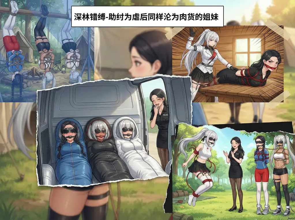 深林错缚-闺蜜露营遭遇人贩绑架现场，热心营救没想到弄巧成拙。人贩巧擒三人后狠狠调教胸大无脑的肉货们。（moss128的精品图系列） - 两位健身博主在悠闲的露营之旅中，遭遇了一个风衣下被层层束缚的女子。她们热心出手拯救却因轻信助纣为虐。被一个冒牌搜查官将所有人玩弄于股掌之间，三人被逐个击破后沦为人贩肉货，被狠狠调教后打包贩卖。
猎物和猎人多次易位，林中的猫鼠博弈场场惊心动魄。肉货们能否拨开迷雾团结抗敌？

包含元素：伪装拘束，挠痒玩弄，羞耻拍照，强行捆绑，林中陷阱，以一胜三，气味惩罚，暴汗折磨，全包贩卖。
发布额外赠送8张彩蛋图：猎人终变猎物，斗智斗勇的四人均变为肉货惨遭贩卖。
共：带字正文图36张+8张彩蛋图+无字欣赏图（正文+彩蛋）44张。每张均为精心制作，希望大家看得开心。
（托更了这么久，本次是图片数量再创