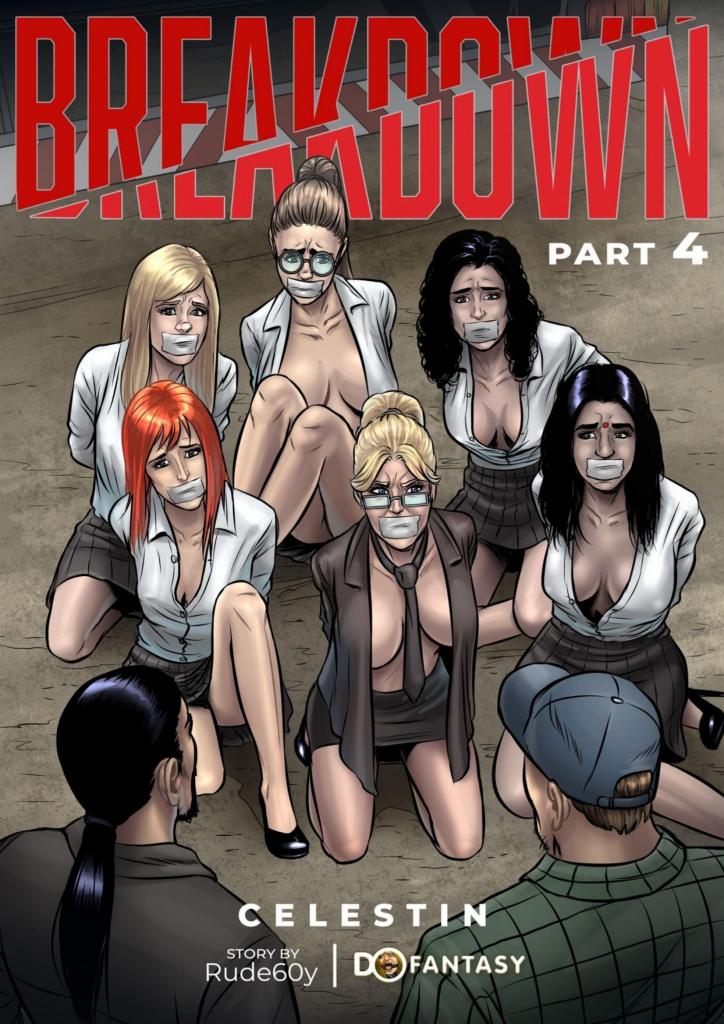 【中文翻译】Breakdown 4 - (前3图为预览 the full collection begins with the 4th image)
Celestin
随着最初的一组被准备转移，俘虏进入了一个新的阶段：他们被脱去衣物，用绳索和口塞固定，装上颈部束缚装置，并根据固定的座位布置被安置在一辆厢式货车内。一个月后，一支由七名年轻女性组成、结伴前往团队活动的单独小组在一条安静的道路上遭遇车辆故障。援助以一辆大型卡车的形式到来，但很快这些女性也被限制行动、脱去衣物、捆绑起来，并被安置在车厢内，与先前的俘虏放在一起。有些人被安排在带有一体式约束装置的长椅旁，而另一些则通过额外的绑带和支撑被固定在地板或悬挂区域。