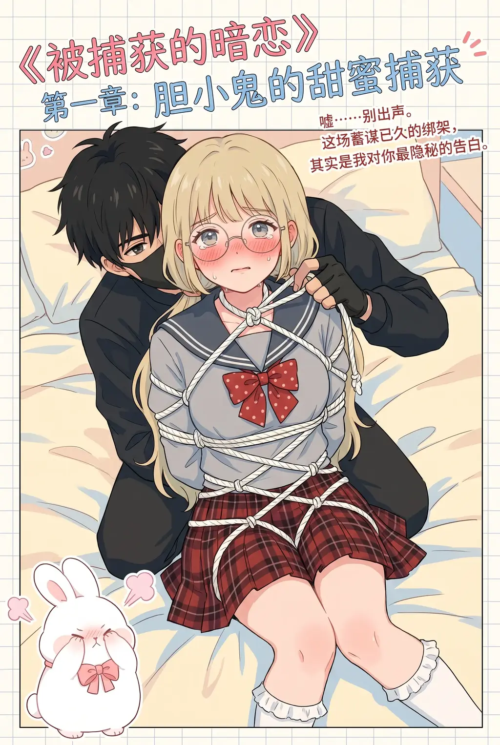《被捕获的暗恋》第一章 - 新风格尝试，重要声明：短片漫画主线故事在1-32张，为避免浪费在故事结尾展示出的制作杂图，不喜勿喷，看清再买。画风与人物一致性不高，请谅解。询问 与 定制 请私信 [堵嘴,中国女孩, 剧情向,捆绑,玩弄,摩擦,挣扎]