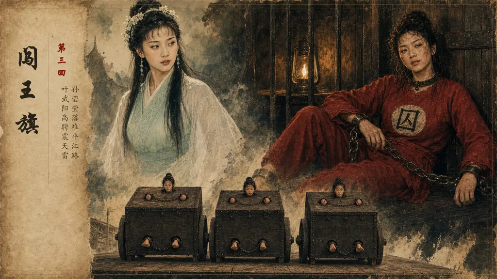 [连载]《闯王旗》第三回（古装红罪衣女犯题材）【AI画册，电影级质感】 - 叶武阳吃亏之后，聘请震天雷杨顺出山。杨顺不仅展露了惊人武功比武，更将那落难的绝色清营王妃嫣儿一并收入囊中。孙莹莹下山寻药，恰逢身陷囹圄的盼儿，楚琴，徐娟被锁在囚车展示。正文从第4幅画开始，第三回故事总共63幅，加量不加价，希望你像看老电影一样，慢慢品味其中的乐趣，喜欢古装女犯的朋友可以多多支持。
这一回加入了女犯比武，女犯囚车展示，女犯押送前准备，女犯牢中拘束等。AI真人影像创作不易，每一页均为精心制作，例如囚车，牢狱场景，调整人脸前后一致，均花费不少功夫，只为尽可能呈现一部能够值得收藏的精品。请感兴趣的朋友多多支持与交流，哪怕只有一个读者，哪怕是面临剧透，我们照样会更新到最后！
