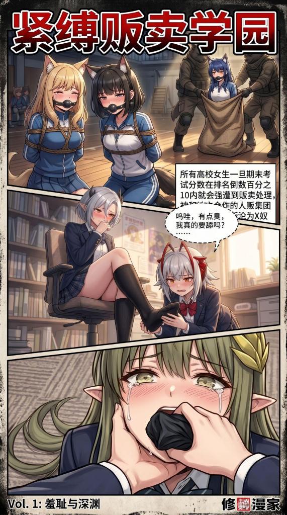 紧缚贩卖学园（第一章） - 明日方舟同人漫画：在成绩不好就会被贩卖沦为女奴的罗德岛学园里，维什戴尔，缪尔赛思，拉普兰德不幸落入期末考试“斩杀线”，三人被学生会成员德克萨斯和缪尔赛思进行足臭调教后都被原味棉袜堵嘴装进麻袋卖掉 [恋足,JK,女调女,原味丝袜堵嘴,闻脚,麻袋,被捆绑]