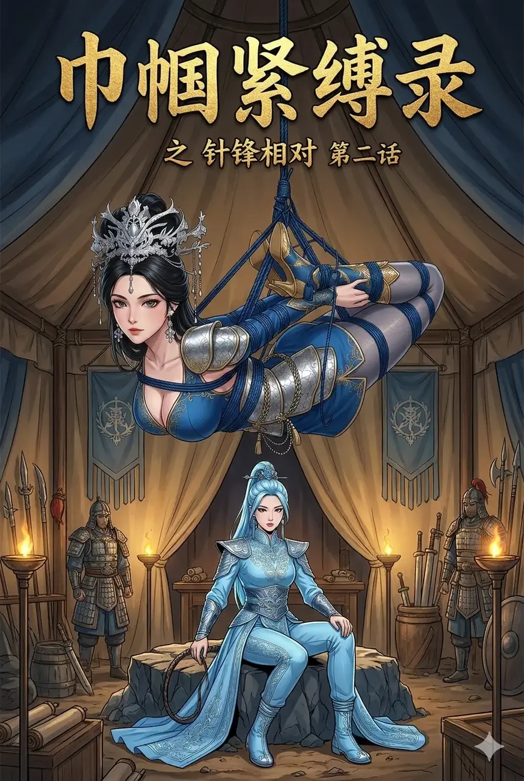 巾帼紧缚录之针锋相对第二话 - 慕容心将岳凌云擒了之后带回营帐之中绑起来折辱，另一边让自己的参将耶律燕前去找萧玉若传话，让萧玉若率军投降，萧玉若这边主将被擒，陷入了极大的困境之中......
第二话23页剧情图，以后我上传的所有套图定价为纯剧情图20页以上5钻，30页以上6钻，大家定价识别剧情内容的多少即可，上传的其他包括封面、人物捆绑杂图等不计入其中，也不会出现少于20页剧情页的套图。