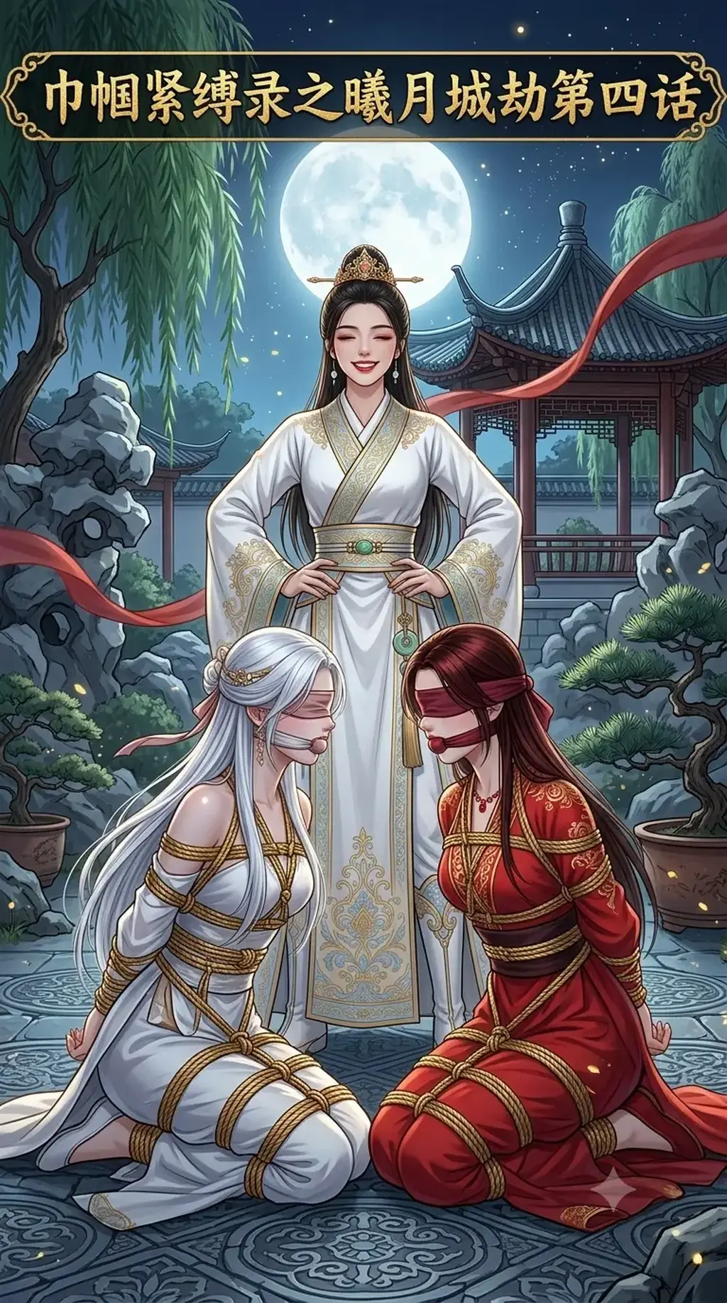 巾帼紧缚录之曦月城劫第四话 - 萧玉若睡梦之中发现自己对慕容心的关心越来越多，却被一阵迷烟惊醒，萧玉若顺势装晕被人绑走......