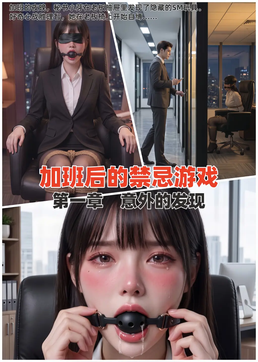 《加班后的禁忌游戏》第一章 - 加班的夜晚，秘书小芽在老板抽屉里发现了隐藏的SM玩具。
好奇心战胜理智，她在老板椅上开始自缚……
却没想到，这场意外的游戏，该如何收场？
创作不易，谢谢支持，多人喜欢看的话会考虑连载下去。