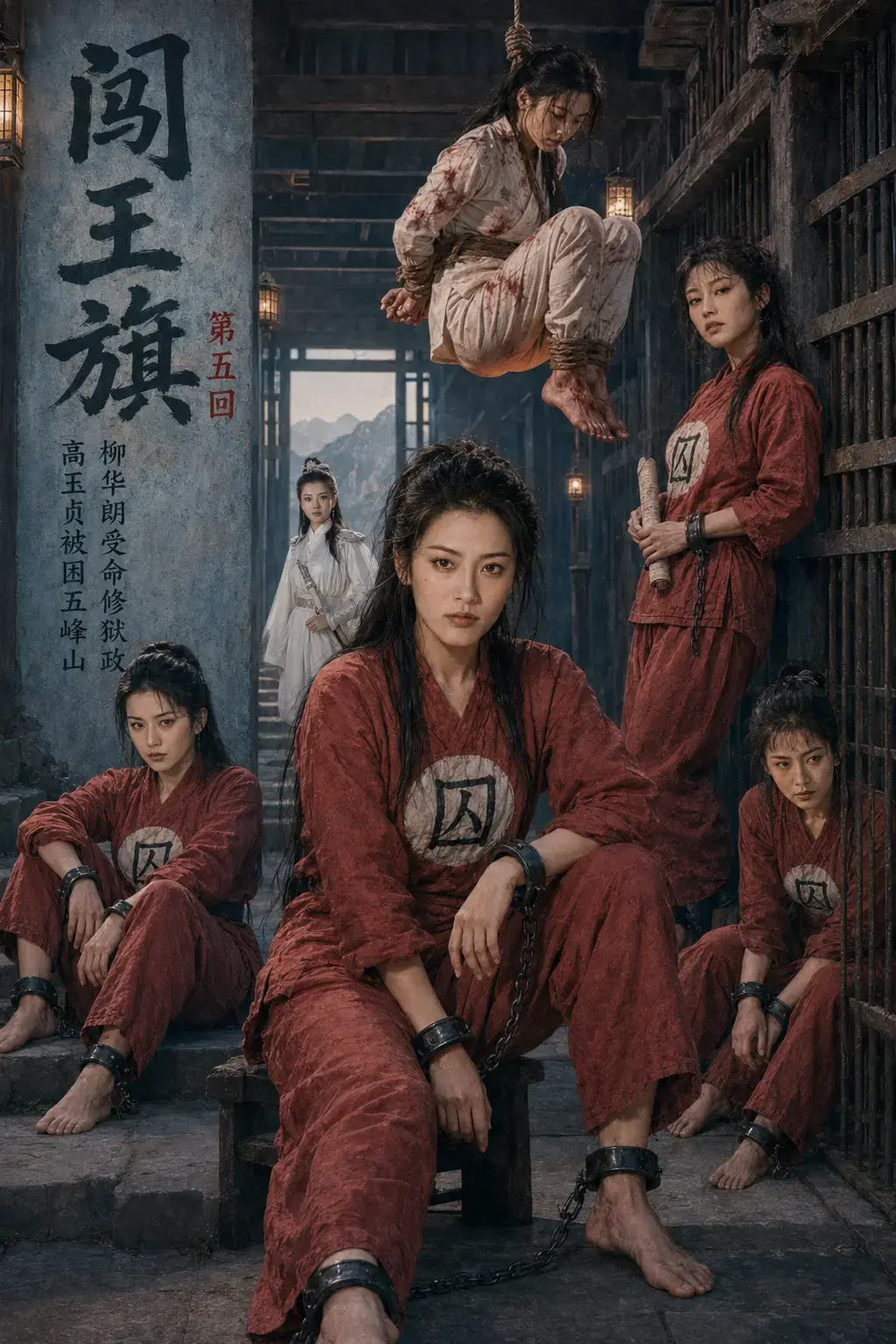 [连载]《闯王旗》第五回（古装红罪衣女犯题材）【AI画册，电影级质感】 - 苏梦晗寡不敌众，终于被擒进入死牢；柳华朗被授予八品衔的狱政押司一职，奉命修改管理女囚章法；美女女将陆燕被俘，会面对什么命运。
正文从第四幅画开始，第五回正文故事有73幅图像，附赠三张图片，加量不加价，希望你像看老电影一样，慢慢品味其中的乐趣。
这一回的女犯戏份和元素非常多，也加入了拷打女犯情节，花费不少功夫制作。AI真人影像创作不易，每一页均为精心制作，调整人脸前后一致，均花费不少功夫，只为尽可能呈现一部能够值得收藏的精品。
请感兴趣的朋友多多支持与交流，哪怕只有一个读者，哪怕是面临剧透，我们照样会更新到最后！