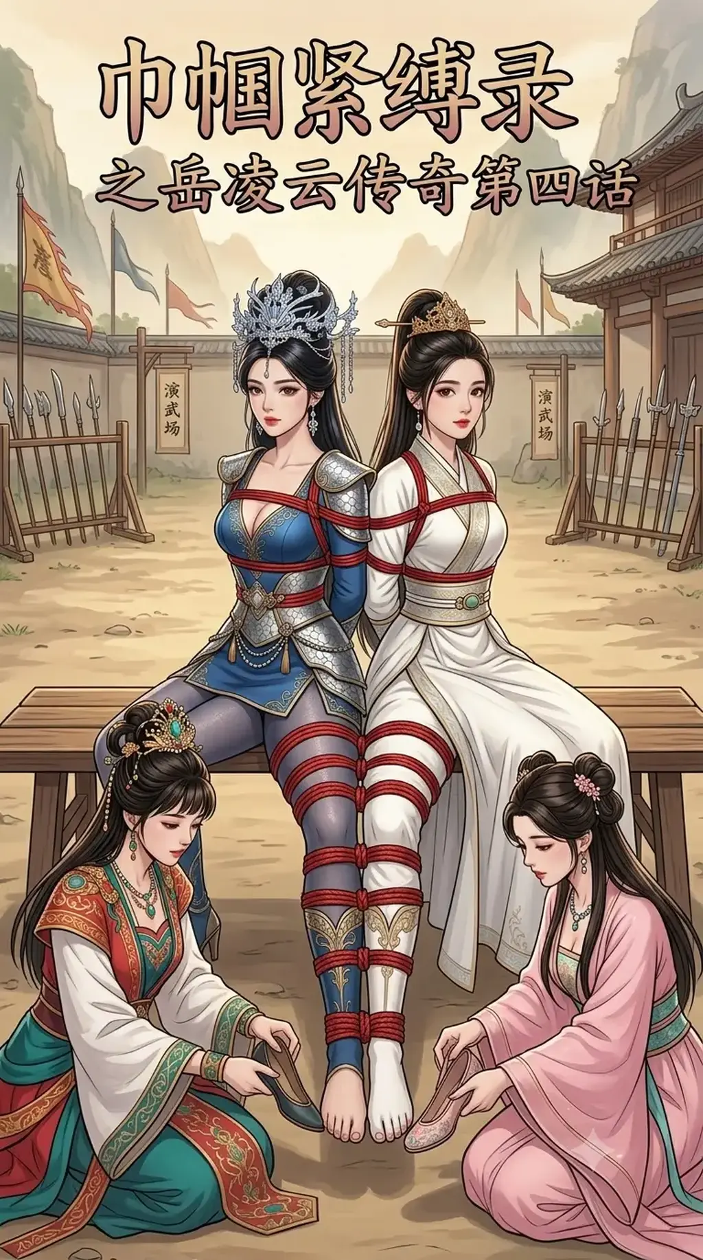 巾帼紧缚录之岳凌云传奇第四话（回归降价两钻放送，21页剧情内容） - 终于回来了，之后可以正常作图了。我目前的计划是将《巾帼紧缚录》当成主线，每周更新3-4话，会慢慢丰富人物和剧情，争取做成一个有完整世界观、剧情线、人物关系和人物成长的这么一个故事，剩下的时间我想要试着做一些新东西，尽可能地绕过AI的限制，同时系统地学学漫画的分镜和制作，让自己做的东西可以更多样一些。因为我现在其实可以比较轻松地分辨和制作出那些明确AI不会拒绝的内容出来了，这样的内容其实做的会比较轻松，但难免重复，已经做不出花样来了，我还是想要突破一下的，新的东西难免吃力不讨好，也希望大家能支持，谢谢了。