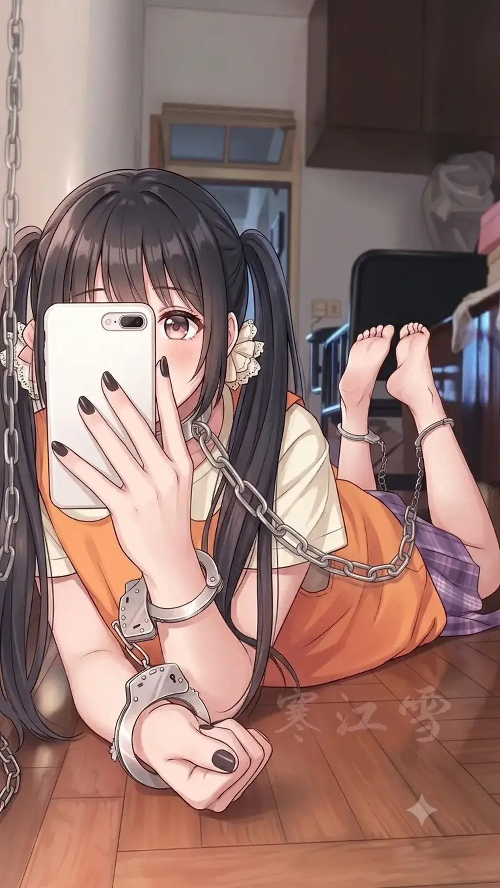 jk女囚马甲人字拖（第一次二创） - 定拍/套图请联系昵称！今天是双马尾jk的女囚马甲搭配人字拖的穿搭（居家）！我当初想的情节是被管教拘束不听话这种，然后被束缚着，对着镜子自拍，或者被主人拘束着（无主也不会找主，勿问我找不找主）被铁链拴着自拍啥的（基本上对着镜子拍照！因为是第一次拍的图）！这是我二创的！原图在最后一张！我感觉很多人喜欢jk跟女囚马甲背心所以我就弄了（其实这是我最开始的作品吧）那么，请多关照！ [手铐,赤脚裸足,囚服,JK,短袖,脚镣,栓着的项圈,自缚,镣铐,人字拖]