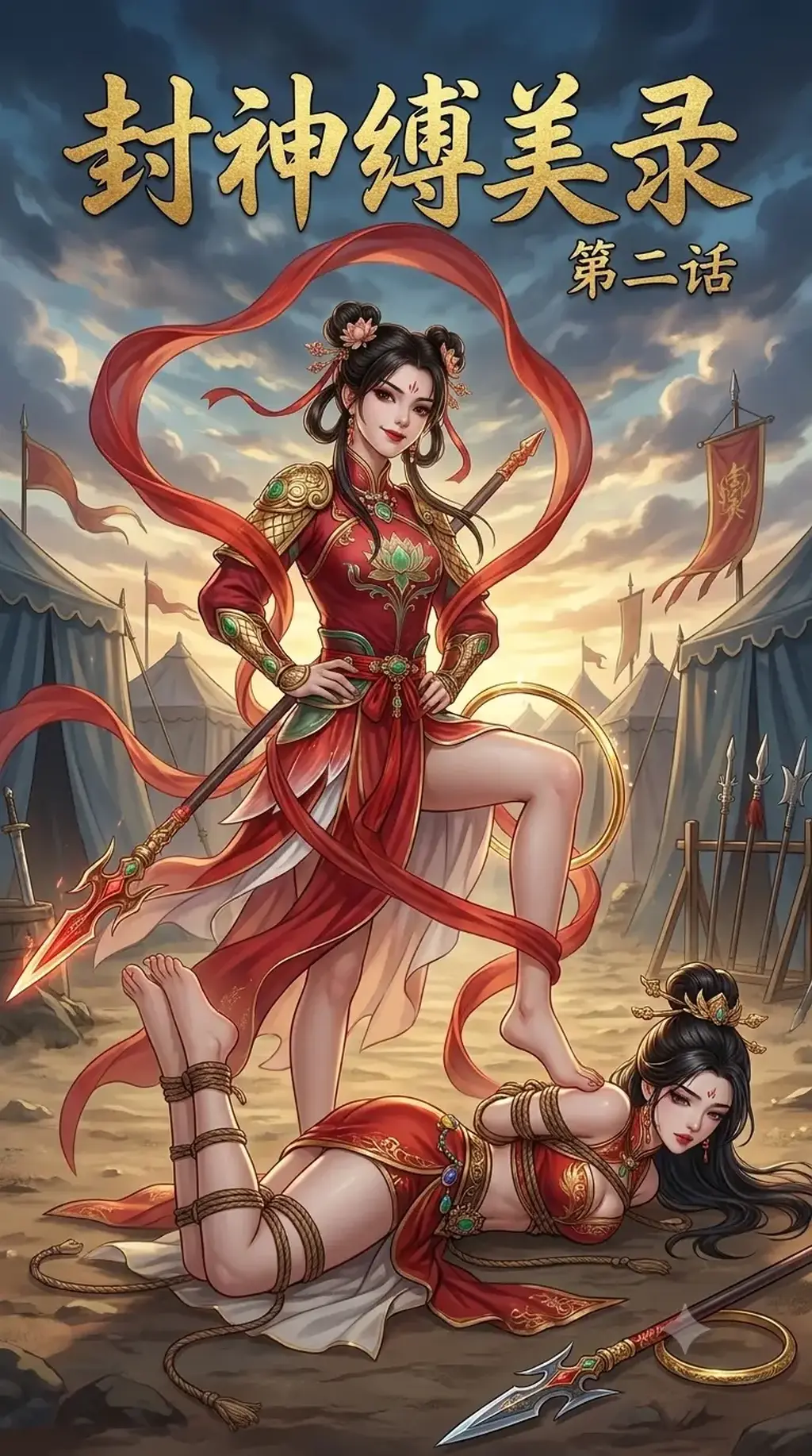 封神缚美录第二话（重发版） - 哪吒和邓婵玉斗法，施展了各种本领，用混天绫将邓婵玉绑了起来……不知道什么原因昨天发出去这一话之后没有上首页，甚至在图片区找也找不到，这种图做起来要费劲儿好多，如果没有人看到的话真的很难坚持下去，正好今天的图也做不完，就重发一下这一话吧，在里面加了十几张作废了的杂图避免重复，买过的朋友千万不要再买了，还是第二话的内容。