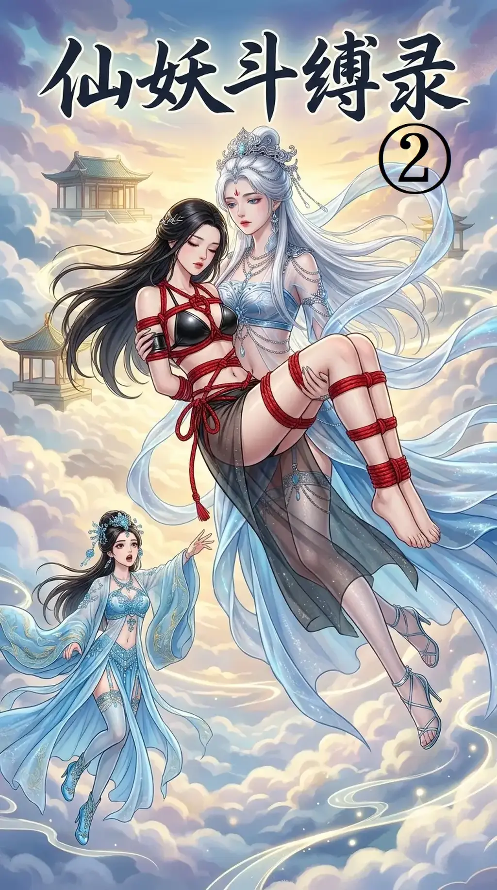 仙妖斗缚录第二话（25页剧情页+封面+大量自制角色捆绑杂图） - 倾云仙子来到了青陵城，却见到了一群匪徒绑了一位女子，倾云仙子想要出手相助，岳家大小姐岳凌云抢先出手，救下了那名女子，却没想到这之中还有隐情……
