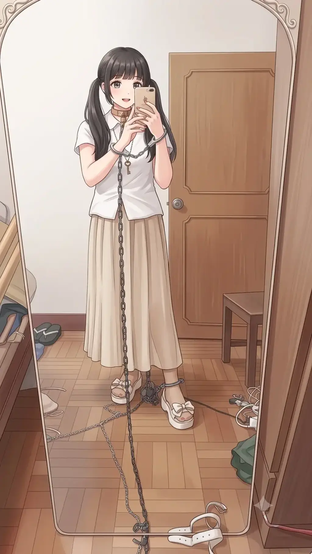 长裙镣铐（第一次拍摄的作品，二创） - 这是我第一次戴镣铐的作品（基于现实二创）在此分享给大家吧，希望大家能够喜欢。也接定拍/套图，（现在拍摄的图移步到原创区观看）但是还是有很多的不足，跟其他人比起来，所以还得努力（所有事情都是我一个人完成的），请多关照。 [手铐,脚铐/脚镣,狗链/项圈,日常（衬衫）,短袖,脚镣,自缚,镣铐,长裙,凉鞋]