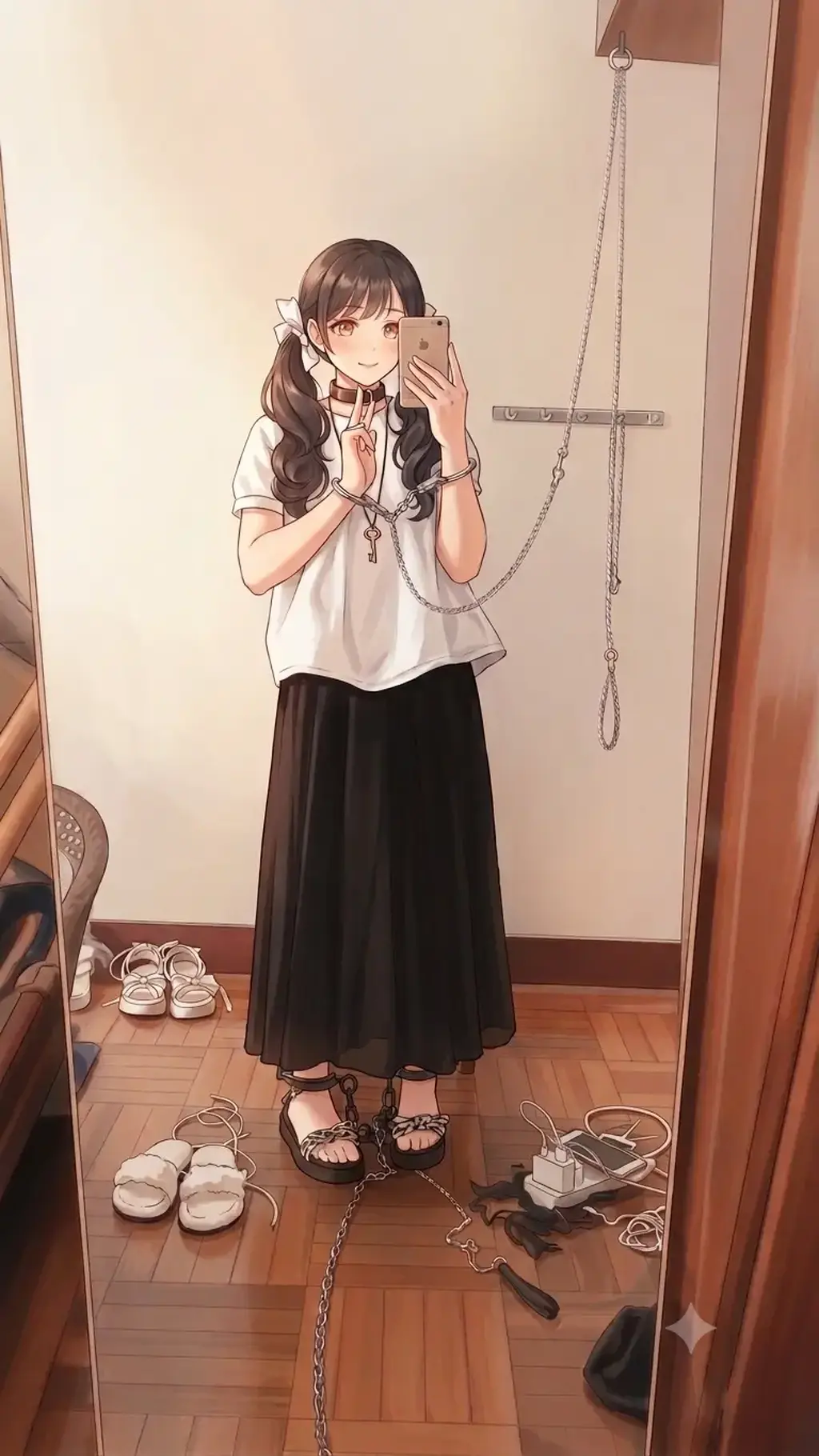 长裙镣铐（第一次拍的作品的ai二创） - 这回是黑色的长裙镣铐搭配凉鞋的，也算是为爱发电的基于现实的图的ai二创的作品之一。也希望大家能继续多多支持我显示的作品！你们的支持是我创作现实作品的最大动力！欢迎找我定拍！