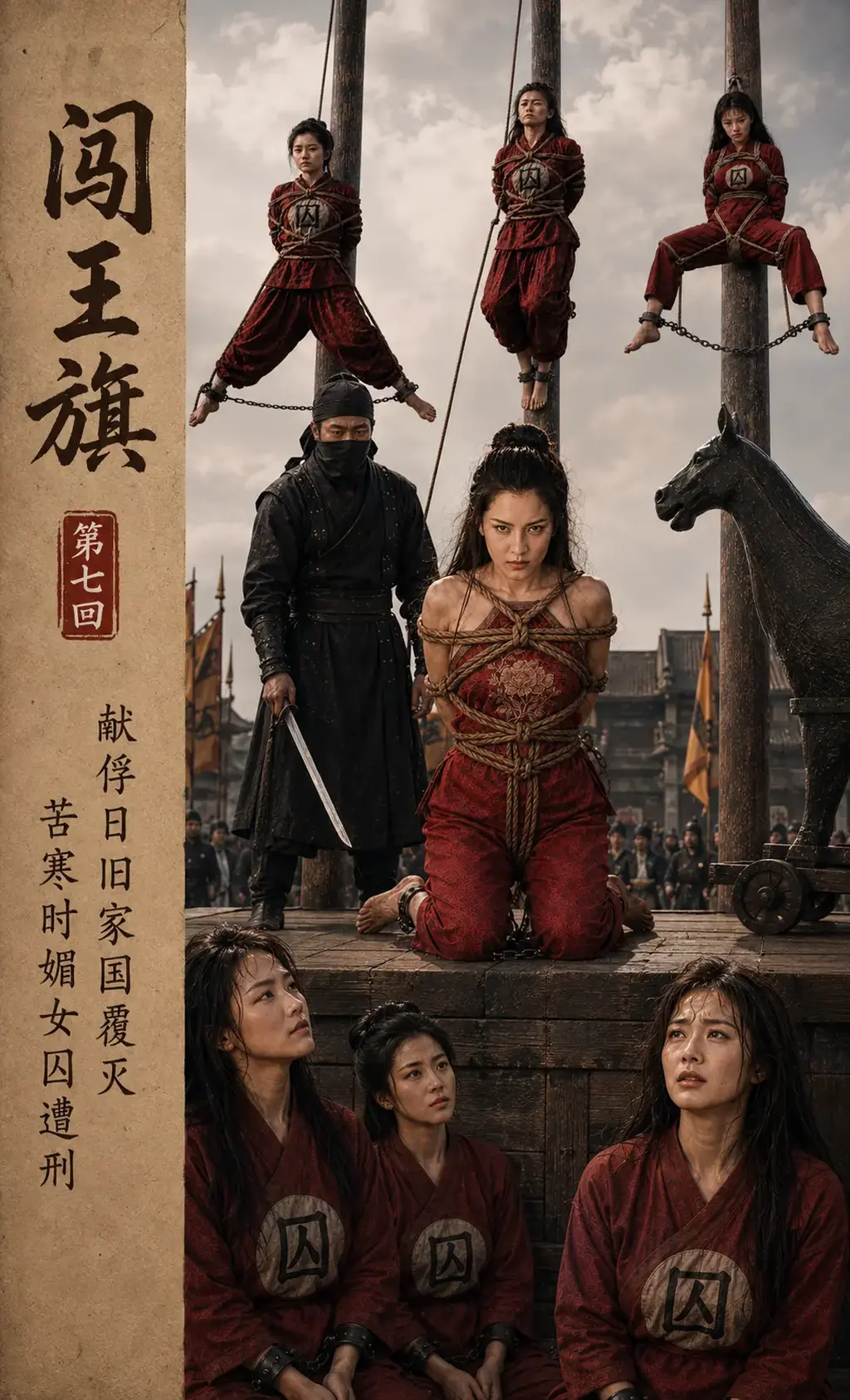 [连载]《闯王旗》第七回（古装红罪衣女犯题材）【AI画册，电影级质感】 - 随着高玉贞等义军女将兵败被俘，江城闹市架起三层高台，举行献俘大会，每名女犯都必须押到台上示众。
当冯西子愤而杀敌出逃，却被判斩刑，苦寒之日，游街示众。
第七回都是女犯戏份，有很多有趣的情节，为了回馈喜欢我们作品的粉丝，我们会毫不吝啬的制作女犯剧情，第七回正文有110幅图像，加量不加价，附赠三幅图片。
这一回加入了高台女犯展示，木驴游街，刑场，旋转刑架等元素。
AI真人影像创作不易，每一页均为精心制作，调整人脸前后一致，均花费不少功夫，只为尽可能呈现一部能够值得收藏的精品。
请感兴趣的朋友多多支持与交流，哪怕只有一个读者，哪怕是面临剧透，我们照样会更新到最后！