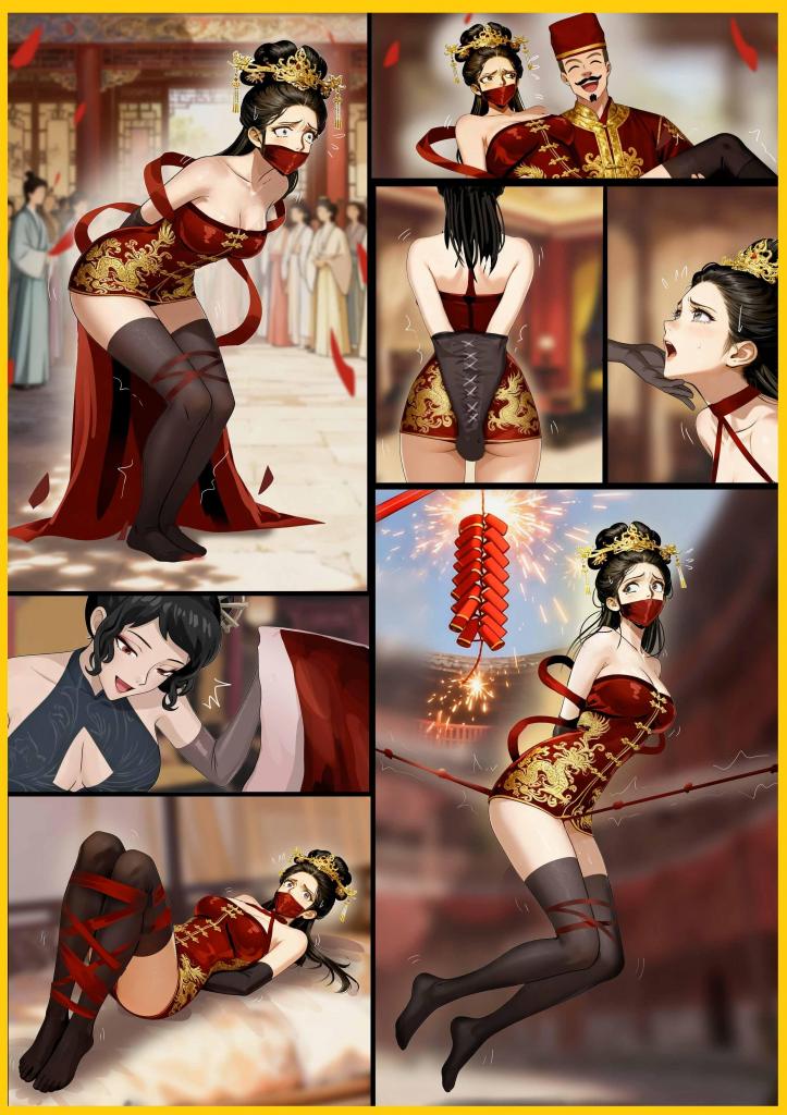 king的彩漫《新缚婚传  上》世人皆贺新婚喜  唯她独吞囚身苦 性感新娘 特制牛皮拘束套死死固定双臂  腰腿脚踝尽数被红绸缠缚    拜堂被迫屈从  当众被鞭炮驱赶戏耍 -  落溪镇举国同庆的首富大婚，是全镇人人艳羡的盛世喜事，却是一位绝色千金的炼狱囚途。本该喜庆的婚嫁仪式，被扭曲成一场残忍闹剧：新娘被牛皮拘束套锁死双臂，层层红绸捆缚全身，口被封、身被囚，毫无半分自由。拜堂受辱，田埂被鞭炮热浪灼烧驱赶，只能狼狈蹦跳挣扎，皮肉勒出深痕，躯体酸痛欲裂，却发不出半句求救之声。满镇宾客围观喝彩，人人沉醉虚假的喜庆，无人窥见她的极致痛苦与滔天恨意。