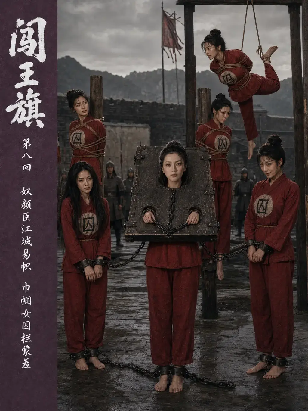 [连载]《闯王旗》第八回（古装红罪衣女犯题材）【AI画册，电影级质感】 - 书接上回冯西子被斩首之后，江州易帜，叶武阳剃发降清，在清廷扶持下继续执掌兵权，并与费之用联合大肆折磨女囚。
高玉贞等女侠在牢里备受压迫与折磨，而高玉贞反抗之心却愈烧愈烈。
第八回都是女犯戏份，有很多有趣的情节，我们会毫不吝啬的制作女犯剧情及体现更多的细节。
正文从第4幅图开始，第八回正文有128幅图像，附赠七幅图片。
这一回加入了刑讯情节与诸多女犯场面，请慢慢品味。
AI真人影像创作不易，每一页均为精心制作，调整人脸前后一致，均花费不少功夫，只为尽可能呈现一部能够值得收藏的精品。
请感兴趣的朋友多多支持与交流，哪怕只有一个读者，哪怕是面临剧透，我们照样会更新到最后！