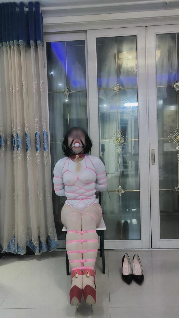 CD自缚露出（第一次上传，轻喷） - 衣服搭配是白色连体衣和肉色连裤袜，鞋子是16厘米高跟鞋，绑法上用了龟甲和五花，绑的很紧，没有挣脱的可能，高跟鞋也锁着绑带，脱不下来，稍微化了一下妆，虽然是半夜，但电梯露出的时候还是浑身发抖，穿成这样，还被绳子绑成这样，戴着马具口球和鼻钩，越羞耻越兴奋，又怕被人看见，又享受着女性化捆绑的感觉，精虫上脑的感觉根本控制不了，屁股里面也是塞着玩具，最后如愿以偿的在楼道触发前高虚脱。ps:长得丑不露脸了，马了，至于项圈上的小木牌写的什么，就自行脑补吧 [高手缚（中式五花）,丝袜,龟甲缚,高跟鞋,体操服,肉丝,伪娘,自缚]