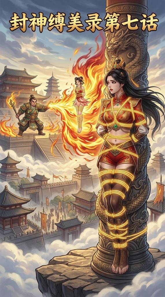 封神缚美录第七话（30页完整剧情+制作过程图+单人捆绑图） - 土行孙将哪吒和邓婵玉绑回了自己的军营，土行孙想娶邓婵玉为妻，邓婵玉不愿意，哪吒在旁边出言嘲讽得罪了土行孙，土行孙便要惩罚哪吒，邓婵玉说自己的打神鞭对哪吒都没用，土行孙肯定也是如此，土行孙不服和邓婵玉打赌，然后将邓婵玉绑在一旁观看自己如何教训哪吒，可哪吒确实厉害，土行孙使劲手段都失败了，气得哇哇直叫，哪吒和邓婵玉却看得十分开心，二人甚至在这个过程中亲近了许多，哪吒再次笑话他一个矮子痴心妄想，土行孙彻底忍不了了，他用捆仙绳将哪吒和邓婵玉用最严密地办法绑了起来，蒙眼堵嘴将她们关进了地牢之中，确保二人绝对不能逃脱，同时决定铤而走险……

