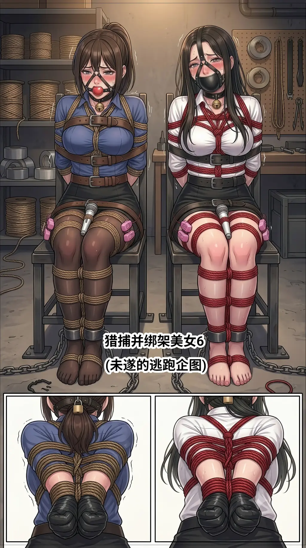 [中文] 猎捕并绑架美女6 (未遂的逃跑企图) - 看到妹妹被紧紧绑在椅子上，姐姐试图营救她，但遭到了绑架者的阻挠。