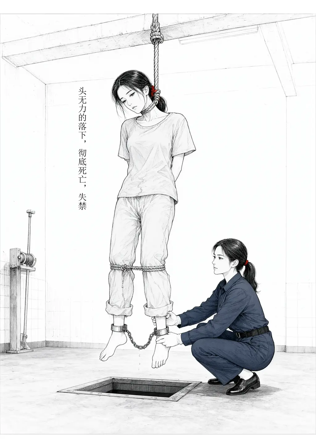 现代女囚绞刑处决 - 现代女囚绞刑处决，过程中戴着手铐脚铐，真实的绞刑上吊过程。图片仅供娱乐，请勿模仿，图片为虚构，与现实无关