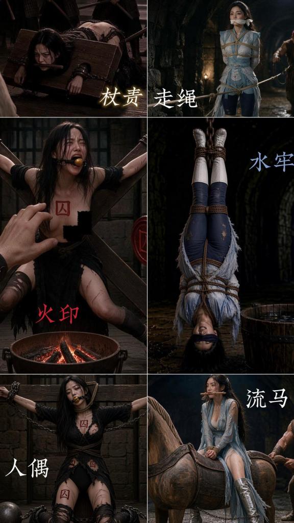 [Jimnewfantasy] Shan·Hu·Jie 03 — Heroine & Bandit Torture Inferno Heroine Hu Shuqing and bandit Xiao Yan are locked in separate dungeons. Hu: inverted water torture, vine rope-walk, moving wooden horse. Xiao: court staff beating that shreds clothes, cross-fixed flogging, shame branding. AI illustration for scenes hard to film live—hardest action and intensity yet in episode 3. Check the GIFs carefully.