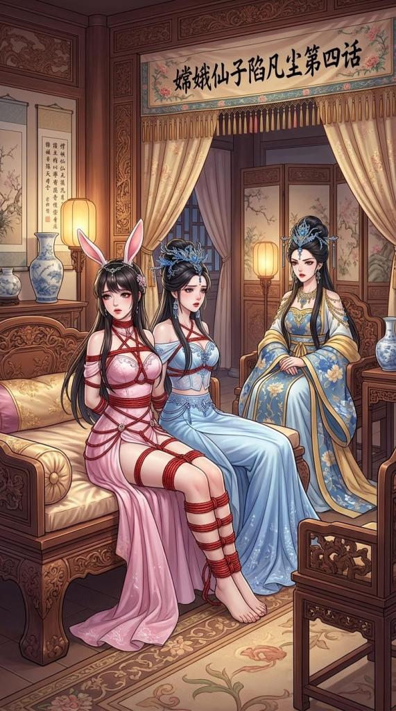 嫦娥仙子陷凡尘第四话（中秋特制） - 专门为中秋节做的故事，是一个很完整的故事，便宜卖了，《巾帼紧缚录》《封神缚美录》《女侠飞贼紧缚行》和一些其他的漫画也会打折（因为系统有促销数量限制，不能全部打折），大家可以去我空间看看。
苏曼玉将玉影和嫦娥绑回了自己的沁香楼，她将玉影和嫦娥带到自己的后院中，将玉影绑到旁边，然后将嫦娥绑到一根柱子上面，先是像挑选女奴一样捏着嫦娥的脸甚至将手指伸进嫦娥的嘴巴里面检查身体，然后又捏嫦娥的肩膀、胸、腰、屁股、大腿、脚.......，嫦娥十分不满，出言不逊，就在苏曼玉准备用刑罚惩罚嫦娥让她屈服的时候，玉影醒了过来，她直接破口大骂，让苏曼玉决定好好收拾她，同时杀鸡儆猴让嫦娥屈服，若是三天之后她们还是这种